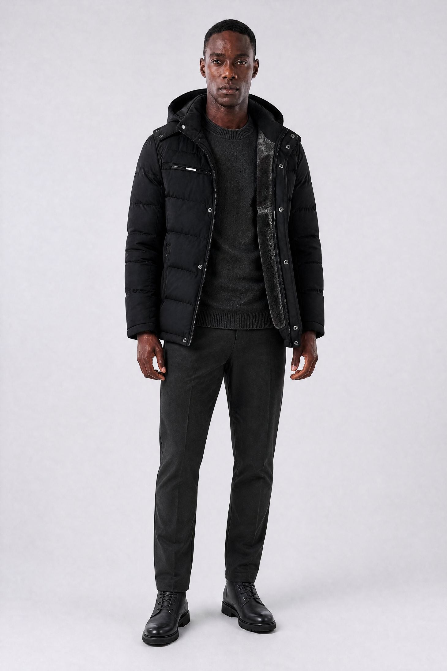 Jaqueta Masculina Puffer com Forro de Lã e Capuz Removível