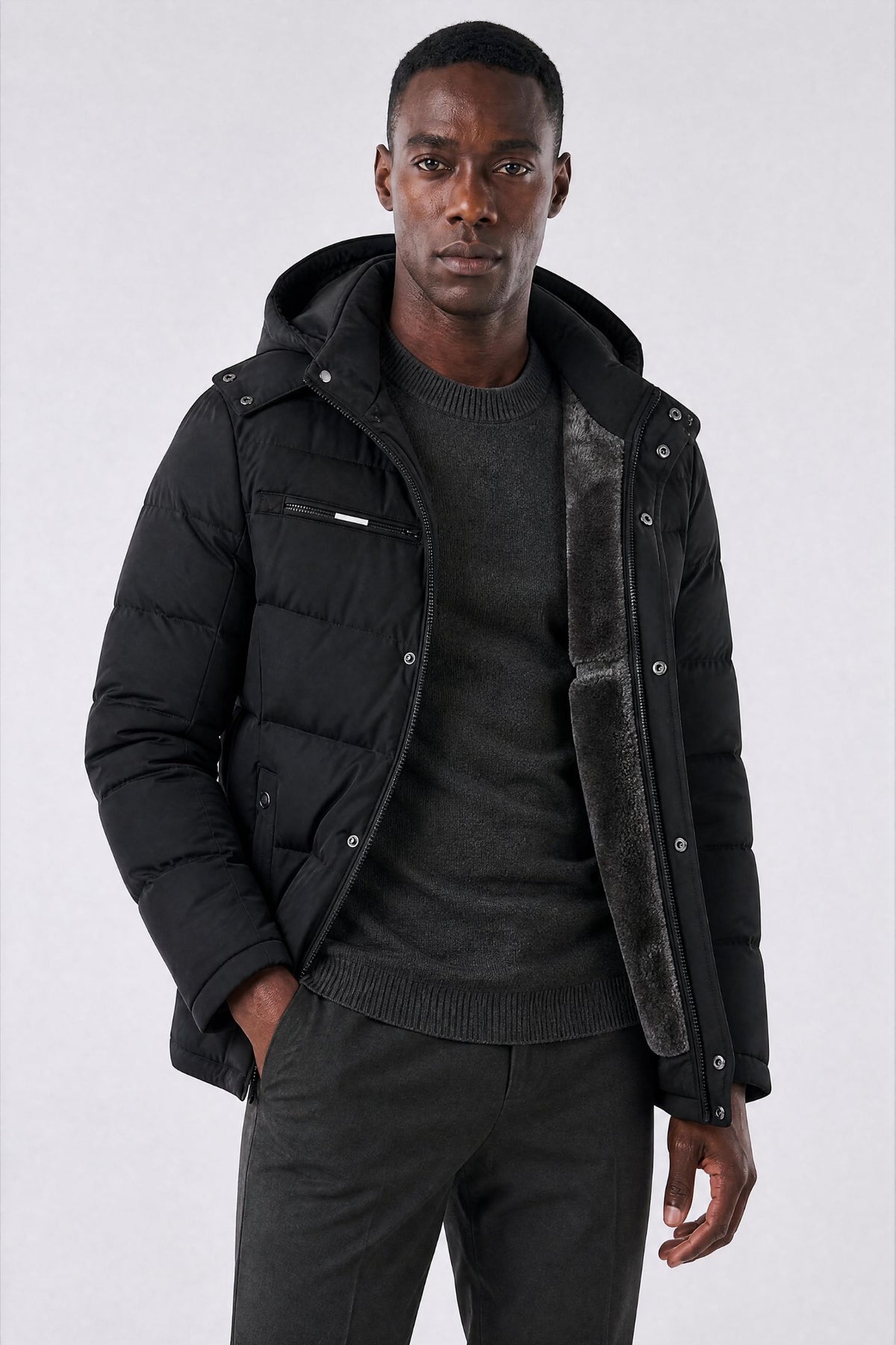 Jaqueta Masculina Puffer com Forro de Lã e Capuz Removível