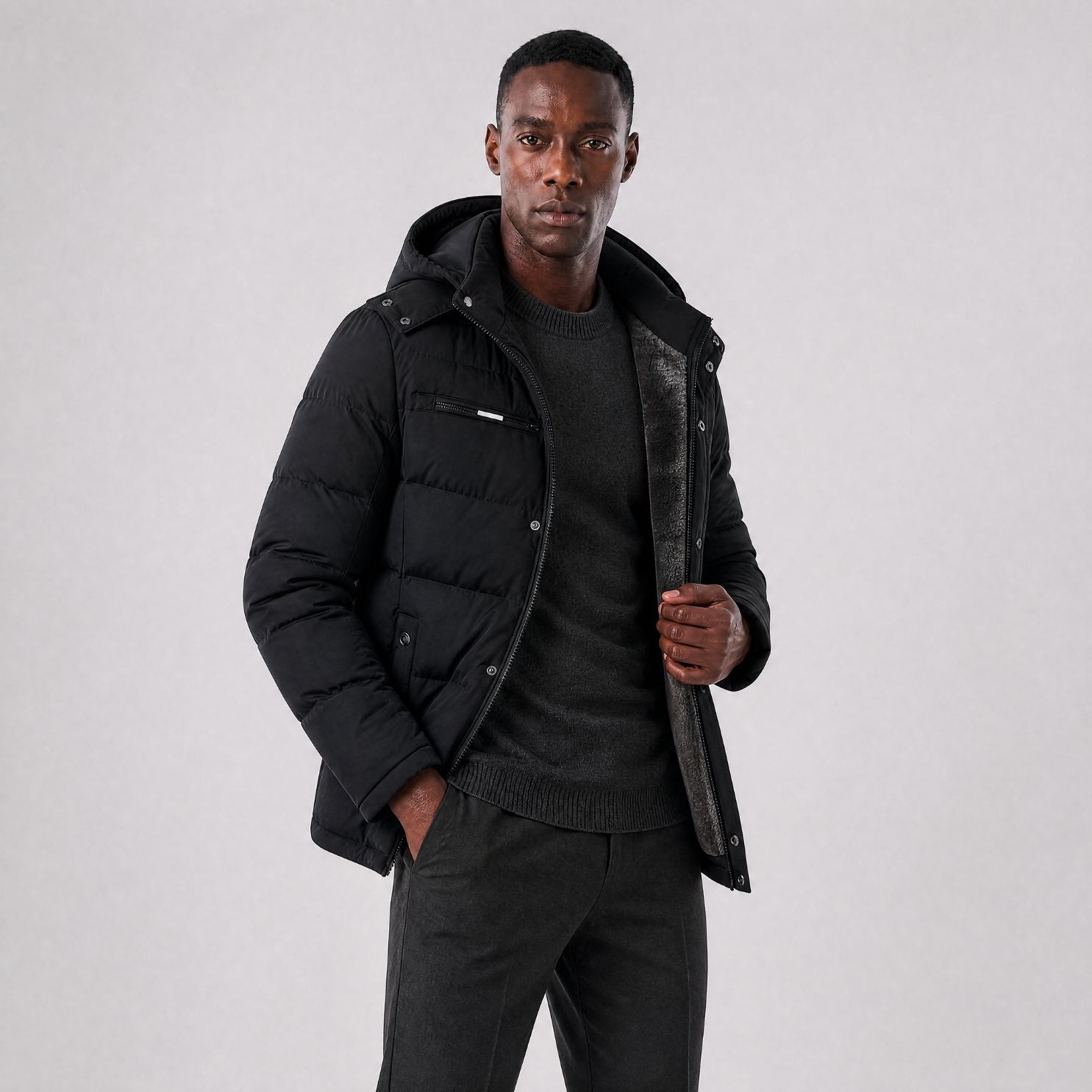 Jaqueta Masculina Puffer com Forro de Lã e Capuz Removível preto