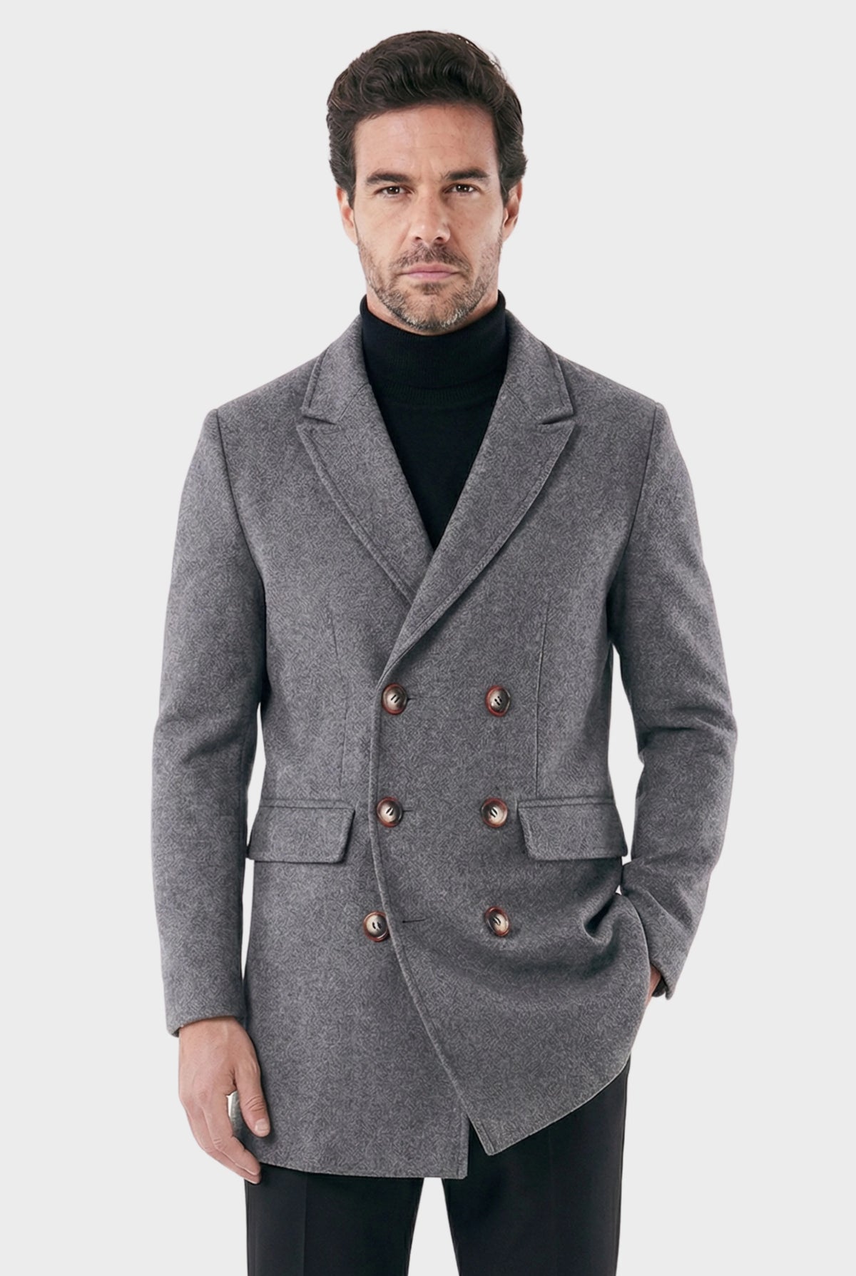 Sobretudo Masculino Double Breasted com Lapela Peaked Madrid