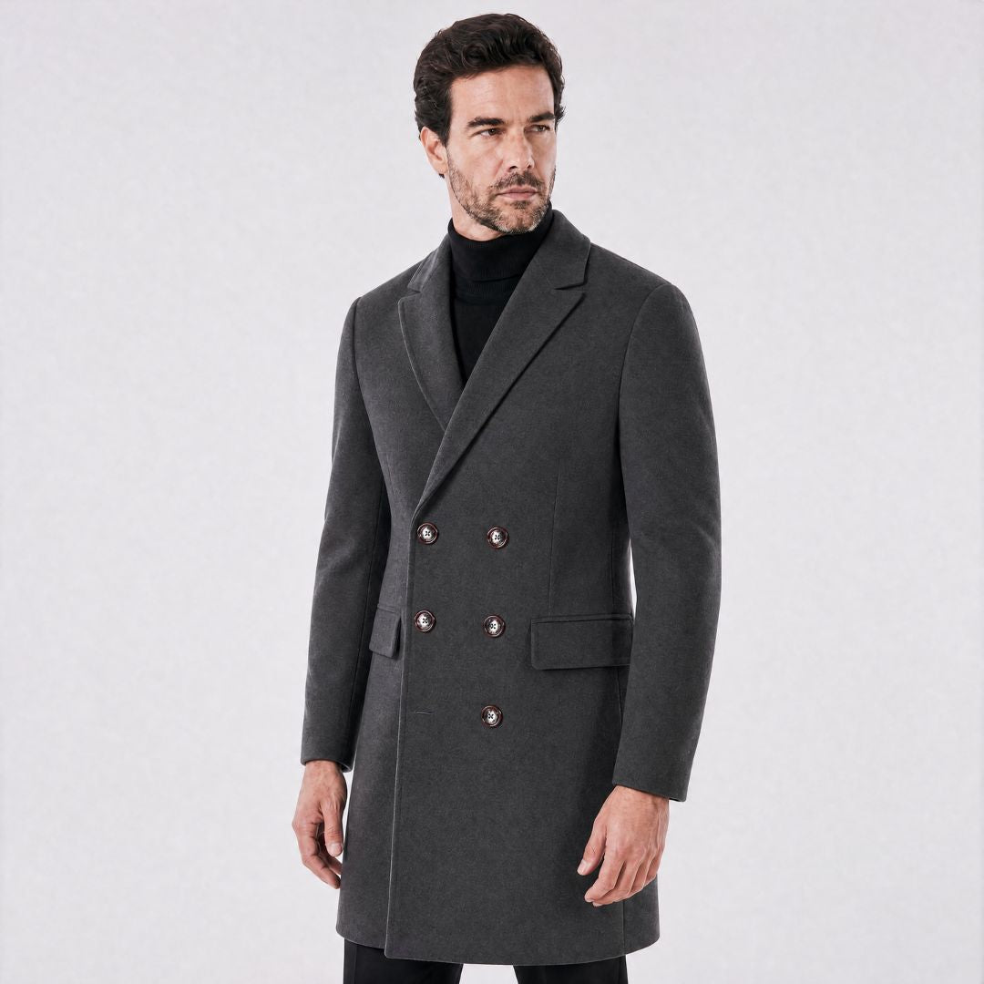 Sobretudo Masculino Double Breasted com Lapela Peaked Madrid preto