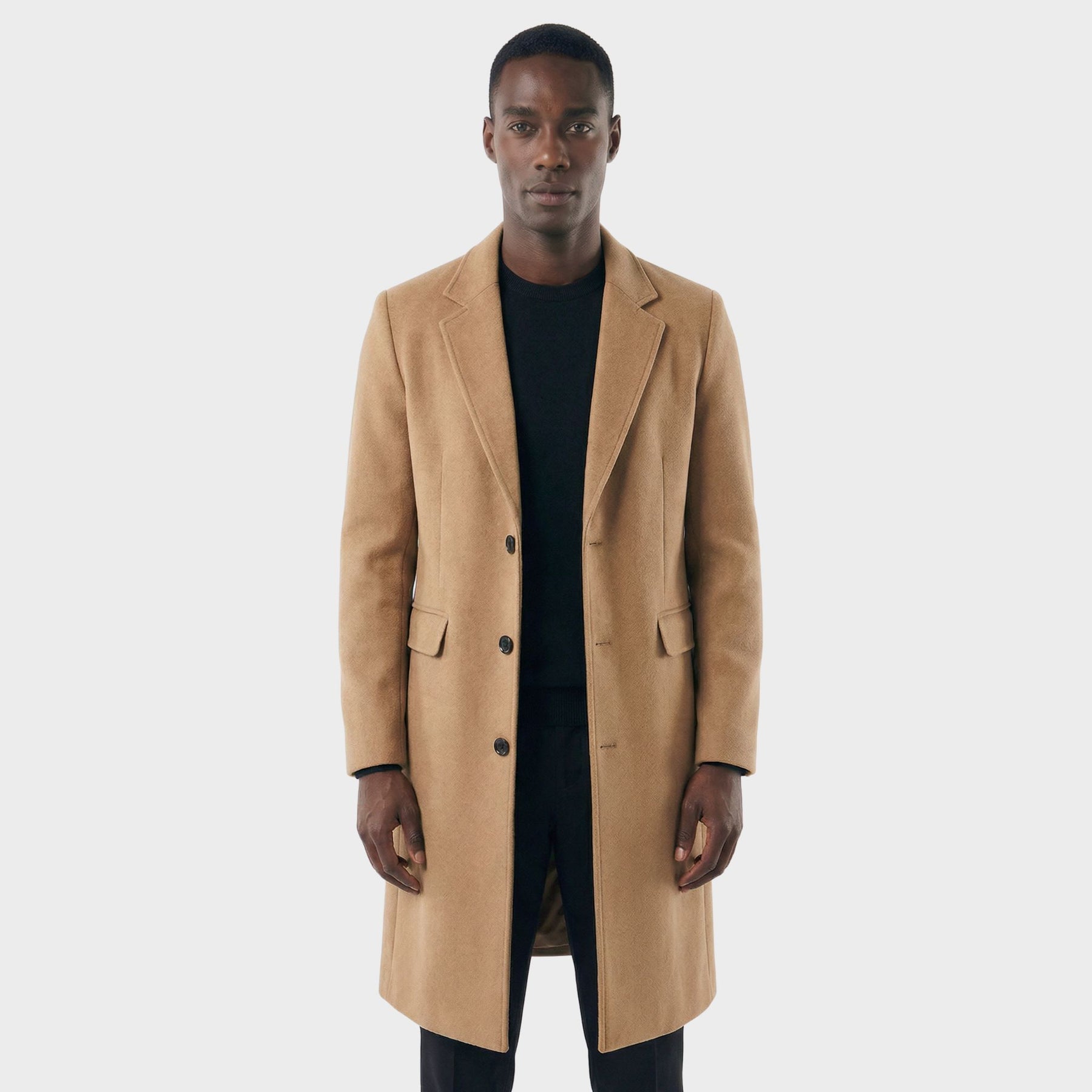 Sobretudo Masculino Social Longo com Lapela Notched caqui