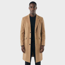 Sobretudo Masculino Social Longo com Lapela Notched caqui