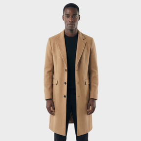 Sobretudo Masculino Social Longo com Lapela Notched caqui