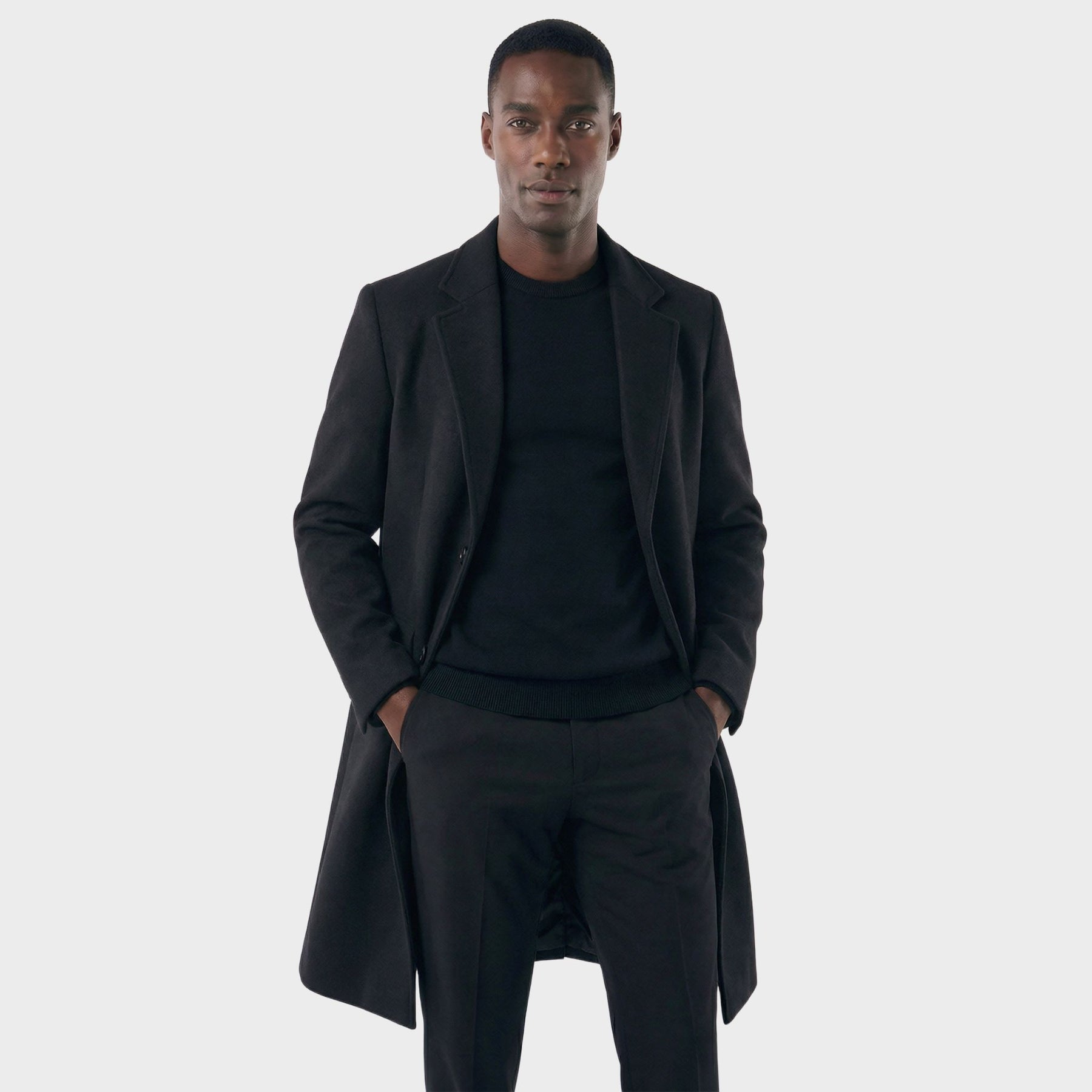 Sobretudo Masculino Social Longo com Lapela Notched preto