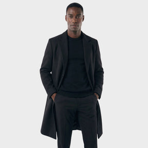 Sobretudo Masculino Social Longo com Lapela Notched preto