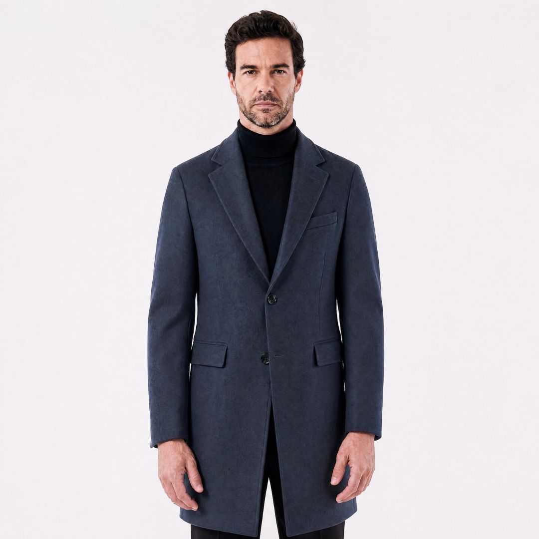 Sobretudo Masculino com Lapela Notched Estruturada azul marinho