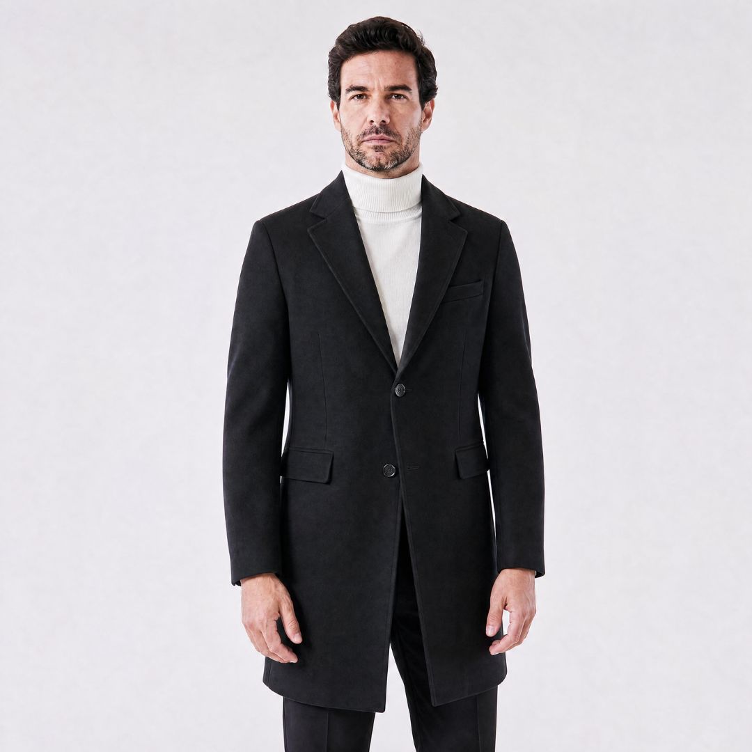 Sobretudo Masculino com Lapela Notched Estruturada preto