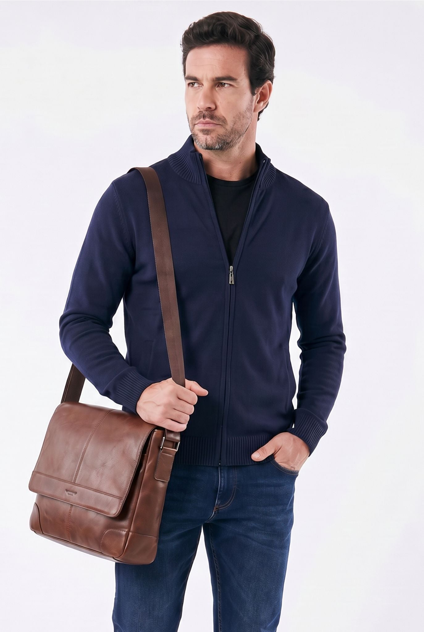 Suéter Masculino Full-Zip com Gola Alta